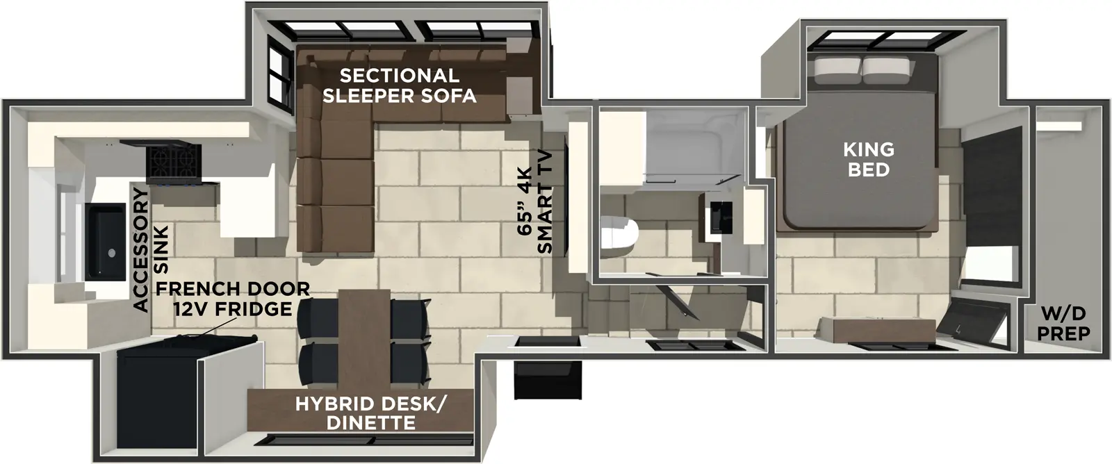 The Crusader KING33 floorplan has one entry and three slide outs. Exterior features include: fiberglass exterior. Interiors features include: rear kitchen and front bedroom.